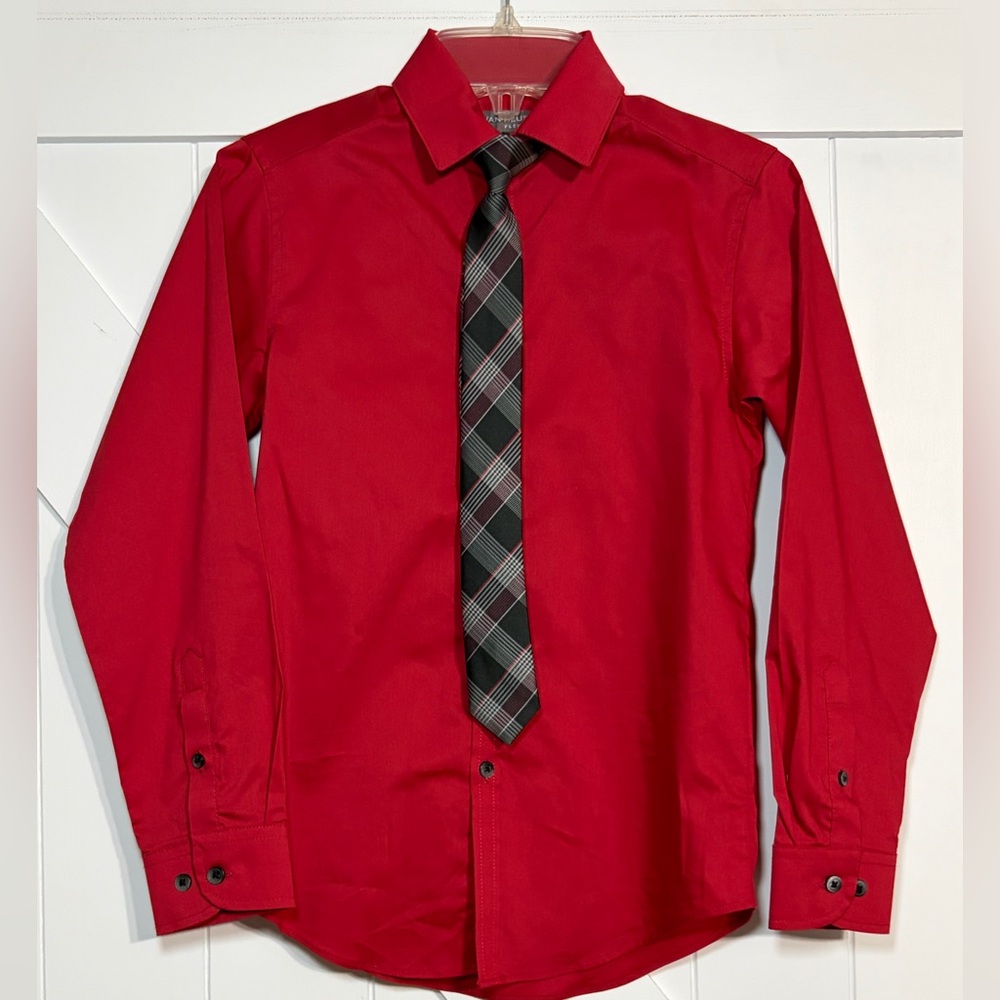 Van Heusen Boys Size 8 Red Dress Shirt + Plaid Tie Set - Formal